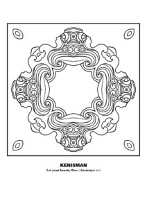 Unleash your creativity with 'Let Your Beauty Flow', a black and white adult coloring page by Kenneth Kenisman, perfect for relaxation and rejuvenation through colouring in. The intricate mandala or arabesque design features a round, wavy cross shape at the center with eight sensual women blending into each other in a mirrored fashion. Beautifully framed and centered on the page, surrounded by white space, this decorative moulure-like design with its intricate curls and gemstones is sure to inspire.