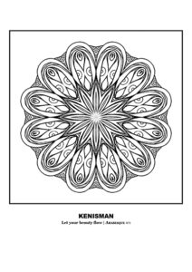 Experience relaxation and mindfulness with this beautiful "Colouring In" adult coloring page by artist Kenneth Kenisman. The mandala or arabesque features a shape that is evocative and suggestive, with 12 outer leaves and a center that gives the idea of electrons orbiting an atom and a star-shaped shape with slim leaves. The middle center almost creates an optical illusion. Colouring this piece will not only be a soothing and meditative activity, but it will also strengthen the person who engages in it, providing a sense of mind travel and activating memories of a carefree childhood and a sense of freedom. The black and white artwork is framed and boxed in a square, standing out in the middle of the page with white space around it. The title of the work, 'Let Your Beauty Flow,' is displayed below the artwork. Get lost in the intricate details and let your creativity flow as you colour in this piece.