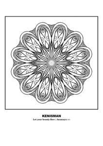 Experience relaxation and mindfulness with this beautiful "Colouring In" adult coloring page by artist Kenneth Kenisman. The mandala or arabesque features a shape that is evocative and suggestive, with 12 outer leaves and a center that gives the idea of electrons orbiting an atom and a star-shaped shape with slim leaves. The middle center almost creates an optical illusion. Colouring this piece will not only be a soothing and meditative activity, but it will also strengthen the person who engages in it, providing a sense of mind travel and activating memories of a carefree childhood and a sense of freedom. The black and white artwork is framed and boxed in a square, standing out in the middle of the page with white space around it. The title of the work, 'Let Your Beauty Flow,' is displayed below the artwork. Get lost in the intricate details and let your creativity flow as you colour in this piece.