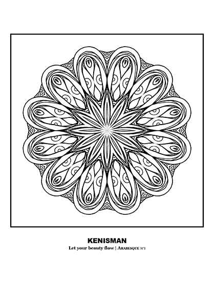 Experience relaxation and mindfulness with this beautiful "Colouring In" adult coloring page by artist Kenneth Kenisman. The mandala or arabesque features a shape that is evocative and suggestive, with 12 outer leaves and a center that gives the idea of electrons orbiting an atom and a star-shaped shape with slim leaves. The middle center almost creates an optical illusion. Colouring this piece will not only be a soothing and meditative activity, but it will also strengthen the person who engages in it, providing a sense of mind travel and activating memories of a carefree childhood and a sense of freedom. The black and white artwork is framed and boxed in a square, standing out in the middle of the page with white space around it. The title of the work, 'Let Your Beauty Flow,' is displayed below the artwork. Get lost in the intricate details and let your creativity flow as you colour in this piece.