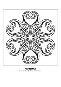 Free mandala coloring pages for adults by artist Kenneth Kenisman. Experience relaxation and creativity with this beautiful black and white mandala or arabesque in the shape of a sea star. The artwork is framed and centered on the page and features six legs with elegant curls that give the design a heart-like shape. The center of the artwork showcases a six-legged star figure. Get lost in the intricate details as you color in this piece and bring your own personal touch to the work. The title of the piece, including the artist's name, is displayed below the artwork.