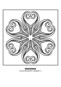 Free mandala coloring pages for adults by artist Kenneth Kenisman. Experience relaxation and creativity with this beautiful black and white mandala or arabesque in the shape of a sea star. The artwork is framed and centered on the page and features six legs with elegant curls that give the design a heart-like shape. The center of the artwork showcases a six-legged star figure. Get lost in the intricate details as you color in this piece and bring your own personal touch to the work. The title of the piece, including the artist's name, is displayed below the artwork.