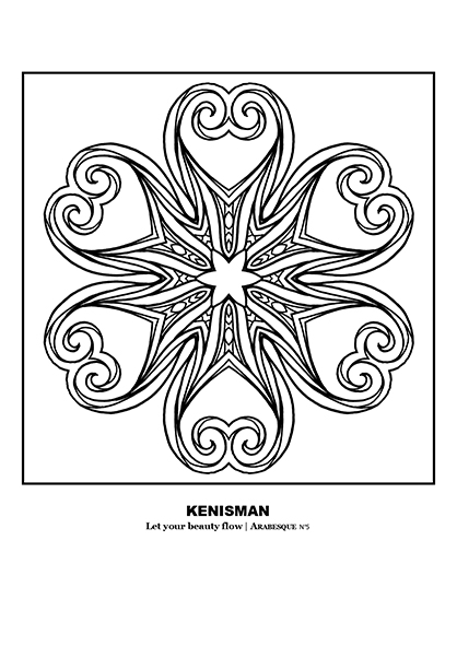 Free mandala coloring pages for adults by artist Kenneth Kenisman. Experience relaxation and creativity with this beautiful black and white mandala or arabesque in the shape of a sea star. The artwork is framed and centered on the page and features six legs with elegant curls that give the design a heart-like shape. The center of the artwork showcases a six-legged star figure. Get lost in the intricate details as you color in this piece and bring your own personal touch to the work. The title of the piece, including the artist's name, is displayed below the artwork.