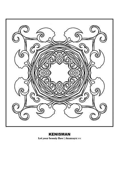 Kenneth Kenisman's free printable adult coloring page featuring a black and white mandala or arabesque with a refined, jewel-like design. The artwork, which is framed and centered on the page, consists of interwoven threads and eight elegant, two-sided head shapes surrounding the center in a star shape form. Reminiscent of a stylistic gem flower, this coloring page is both complex and simple in design. The title of the work, 'Let your beauty flow', is displayed below the image along with the artist's name.