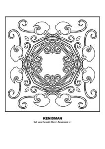 Enhance your colouring experience with Kenneth Kenisman's refined, adult colouring page featuring a black and white mandala or arabesque. This jewel-like design features interwoven threads and eight elegant, two-sided head shapes surrounding the center in a star shape form, reminiscent of a stylistic gem flower. The artwork is framed and centered on the page, making it both complex and simple in design. With the title of the work 'Let your beauty flow' and the artist's name, prominently displayed under the image, this colouring page is perfect for adult colouring enthusiasts looking for a unique and visually striking design.