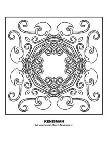 Enhance your colouring experience with Kenneth Kenisman's refined, adult colouring page featuring a black and white mandala or arabesque. This jewel-like design features interwoven threads and eight elegant, two-sided head shapes surrounding the center in a star shape form, reminiscent of a stylistic gem flower. The artwork is framed and centered on the page, making it both complex and simple in design. With the title of the work 'Let your beauty flow' and the artist's name, prominently displayed under the image, this colouring page is perfect for adult colouring enthusiasts looking for a unique and visually striking design.