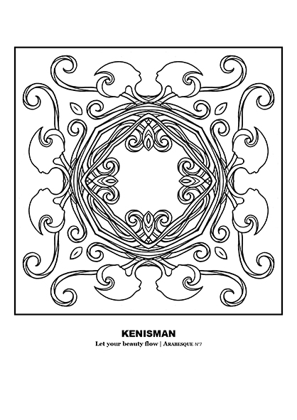 Enhance your colouring experience with Kenneth Kenisman's refined, adult colouring page featuring a black and white mandala or arabesque. This jewel-like design features interwoven threads and eight elegant, two-sided head shapes surrounding the center in a star shape form, reminiscent of a stylistic gem flower. The artwork is framed and centered on the page, making it both complex and simple in design. With the title of the work 'Let your beauty flow' and the artist's name, prominently displayed under the image, this colouring page is perfect for adult colouring enthusiasts looking for a unique and visually striking design.