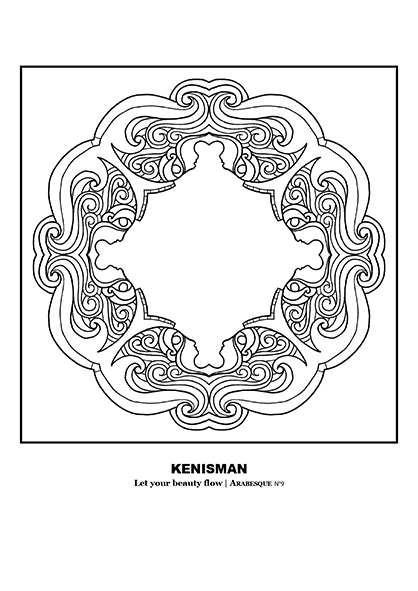 Experience the beauty of Kenneth Kenisman's free mandala coloring page for adults, featuring a black and white round, wavy circle shape. This artwork, framed and centered on the page, showcases 8 sensual women faces merged into each other in a mirrored way. The center features a chalice or cross-like shape with Mandelbrot features, giving it a decorative moulure feel. Perfect for adult coloring enthusiasts, the title of the work, 'Let your beauty flow', and the artist's name are displayed below the image.