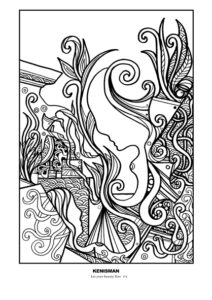 Discover the magic of nature with this printable adult coloring page featuring hand-drawn line art by artist Kenneth Kenisman. The black and white artwork, titled 'Let Your Beauty Flow', is framed in a square and centrally positioned on the page, surrounded by ample white space for coloring. Kenisman's unique style is showcased in this intricate nature scene depicting an enchanted forest, ancient rocks, and ruins, complete with valley and a lot of curly plants and leaves. The artwork also features two silhouetted figures lost in thought or dreaming amidst the beauty of the valley. With its many different beautiful textures and patterns, this coloring page is perfect for those who love to color and appreciate the art of Kenneth Kenisman.