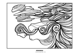Take a journey to the skies with this free coloring page for adults, featuring the unique hand-drawn artwork of artist Kenneth Kenisman. Framed in a square and prominently centered on the page, this black and white line art piece is part of Kenisman's collection 'The Wonder' and entitled 'Let your beauty flow'. The artwork depicts a sensual floating woman figure in silhouette shape merging out of clouds, or it can also be rocks protruding from a high mountain at great height, or the clouds are rocks, with intricate patterns and textures that bring the scene to life. Perfect for coloring enthusiasts looking for an exciting and enjoyable activity.