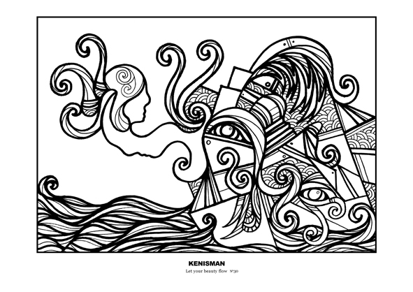 Explore the wonders of the sea with this printable adult coloring page, featuring hand-drawn artwork by artist Kenneth Kenisman. This black and white line art is framed in a square and stands prominently in the center of the page, surrounded by white space. The work, entitled 'Let your beauty flow' is part of the collection 'The Wonder' and showcases Kenisman's unique style and depicts a scene at sea, ocean or lake with curly sea waves and a mysterious sailing boat or ark. The piece can also depict a cliff or rock with a lot of curly vegetation and plants in all different shapes, and a sensual floating figure with 2 faces in silhouette shape, who gives the impression of dreaming or to be lost in thought. The artwork is filled with beautiful different patterns, curls and textures, making it a perfect addition to any coloring enthusiast's collection.