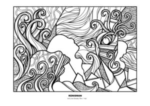 Experience the magic of nature with this coloring page for adults, featuring hand-drawn artwork by artist Kenneth Kenisman. This black and white line art is framed in a square and stands prominently in the center of the page, surrounded by white space. The work, entitled 'Let your beauty flow', showcases Kenisman's unique style and depicts an enchanted forest filled with curly plants, ancient rocks, and ruins. A figure in silhouette is lost in thought or dream, gazing at the starry night sky, giving the feeling of a sunset or an underwater scene. The piece is filled with beautiful textures and patterns, making it a perfect addition to any coloring enthusiast's collection.
