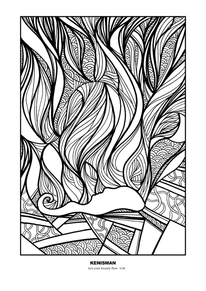 Enhance your coloring experience with this unique free coloring page for adults, hand-drawn by artist Kenneth Kenisman. The black and white line art is framed in a square and is centered on the page. Titled 'Let Your Beauty Flow', this piece is part of Kenisman's 'The Wonder' collection and showcases his signature style. The artwork features a human figure in a silhouette laying down in a serene and peaceful position, surrounded by a mystical and enchanted forest scene with ancient ruins, rocks, and jungle. The sky is full of leaf or cloud-like shapes with beautiful patterns that gives the feeling of a deep dream, adding to the mystical and calming atmosphere of the piece.