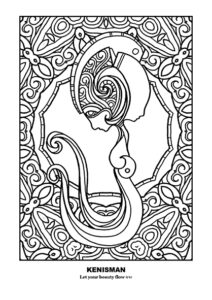 Get your creativity flowing with this 'Let Your Beauty Flow' adult coloring page by Kenneth Kenisman. Featuring hand-drawn line art, the black and white image depicts a floating woman figure with two faces, one male wearing an intricate ancient helmet. The background features a mandala or arabesque with a floral and natural feel, adding depth and texture to the artwork. Perfect for free coloring pages for adults, this artwork is framed in a square and stands in the middle of the page, centered and aligned.