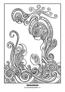 Discover the captivating beauty of Kenneth Kenisman's 'Let your beauty flow' - a free coloring page for adults featuring a hand-drawn, black and white line art piece. Boxed and framed in a square, this artwork stands out in the middle of the page, perfectly centered and aligned. Surrounded by white space, the artwork depicts a unique sea or nature scene with restless waves or curly plants, and a floating woman figure in a silhouette shape, adorned with an ancient Roman or Greek helmet and beautiful curly decorations. This piece is a perfect example of Kenisman's typical unique style, with beautiful textures and patterns throughout. Perfect for fans of adult coloring and Kenisman's unique style.
