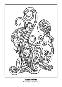Discover the stunning hand-drawn line art of artist Kenneth Kenisman with this free printable adult coloring page. 'Let Your Beauty Flow' is a striking black and white piece, featuring Kenisman's unique style of nature scenes with curly plants in the wind. A floating figure in silhouette shape floats in the air in a calm and serene way on right of the scene , another figure in silhouette shape hides or rests behind a large curly plant, the figure wears an ancient roman or greek helmet with beautiful curly decorations. This artwork is part of Kenisman's collection 'The Wonder' and is presented in a boxed and framed square, standing in the middle of the page, centered and alligned in the middle, with ample white space around the framed square. Experience the beautiful textures and patterns in this one-of-a-kind piece.