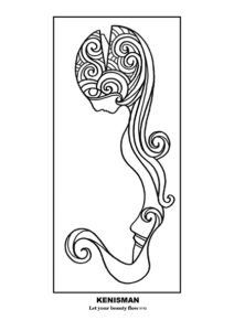 Free printable coloring page for adults featuring a hand-drawn, black and white line art piece by artist Kenneth Kenisman. The artwork, titled 'Let your beauty flow', depicts a floating, sensual woman figure with long curly hair and intricate patterns and textures, reminiscent of a mermaid or water nymph. The piece is framed in a square and stands at the center of the page, surrounded by white space. Kenisman's unique style is evident in the elegant curl that the woman's body flows into.