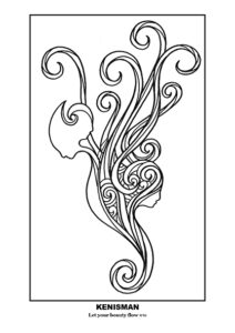 Experience the unique and mesmerizing style of artist Kenneth Kenisman with this hand-drawn black and white adult coloring page or coloring sheets for adults, 'Let Your Beauty Flow'. This piece is part of Kenisman's 'The Wonder' collection and showcases a floating sensual figure with 3 heads in opposite directions, exuding a dreamy and mystical quality. The figure, in silhouette shape, appears mermaid or water nymph-like and flows into an elegant curl. The artwork is framed in a square and stands in the middle of the page, centered and aligned in the middle, with ample white space around the framed square. The artwork is rich in patterns and textures, with many plant-like, large curls coming out of the top of the figure and waving in a summer breeze. This piece is available for purchase and free download on our website.