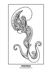 Experience the beauty of art with this adult coloring page from the free coloring sheets for adults, hand-drawn by renowned artist Kenneth Kenisman. This black and white line art piece, titled 'Let your beauty flow', is a part of Kenisman's collection 'The Wonder' and features a unique, sensual floating figure with intricate patterns and textures. The figure, depicted in a silhouette shape, wears an ancient Roman or Greek helmet and appears to be lost in thought or dreaming. With its elegant curls and beautiful decorations, this stand-alone figure is sure to be a visually striking addition to any coloring collection. The artwork is boxed and framed in a square, standing in the middle of the page, centered and aligned in the middle, white space around the framed square with artwork inside, the artist's name, Kenneth Kenisman, and the title of the work 'Let your beauty flow' is under the artwork. This coloring page is perfect for adults who love line art and want to explore the unique style of artist Kenneth Kenisman.