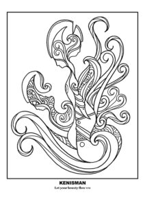 Unleash your creativity with this unique adult colouring page hand-drawn by artist Kenneth Kenisman, titled 'Let Your Beauty Flow'. This black and white piece features a sea scene with restless waves and a nature scene with a lot of flowers and curly plants. The artwork also includes floating women figures in silhouette shape, riding the waves, one of them has 2 faces in opposite directions, and she wears an ancient roman or greek helmet with beautiful curly decorations. The artwork is presented in a boxed and framed square and stands in the middle of the page, centered and aligned in the middle, with ample white space around the framed square. The artwork is rich in textures and patterns and gives a feeling of movement. This colouring page is perfect for those who love to color intricate patterns and sea or nature scenes. It's available for purchase and free download on our website.