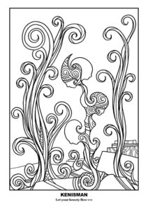 Unlock your creativity with this free coloring page for adults featuring a hand-drawn black and white line art piece by artist Kenneth Kenisman. Part of Kenisman's collection 'The Wonder', the artwork titled 'Let your beauty flow' showcases a serene landscape scene filled with old ruins, rocks and a desolate shore with a clear sky. The scene is adorned by two elegant, large and strong curly plants waving in the breeze. In the middle of the scene, there is a silhouette figure floating in the air with a totem pole feel, which contains three figures merging into one another. The artwork is framed in a square, centered on the page with white space around it. The artist's name, Kenneth Kenisman, and the title of the work 'Let your beauty flow' is displayed below the image. This coloring page is perfect for adults who love line art, nature and want to explore the unique style of Kenneth Kenisman with its beautiful textures and patterns.