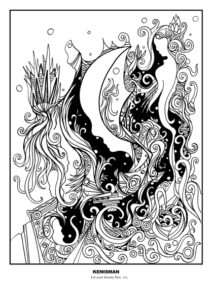 Adult coloring page featuring hand-drawn artwork by Kenneth Kenisman. This black and white line art is part of the collection 'The Wonder' and is titled 'Let your beauty flow.' The boxed and framed square artwork is centered and aligned in the middle of the page with white space around it. Kenisman's unique style is showcased in this night scene, featuring a sensual and romantic floating woman figure in silhouette shape, surrounded by elegant curly plants and precious gems. The artwork has an ancient and mysterious feel with an Art Nouveau touch, and the silhouette face in the middle of the artwork evokes the brightness of the moonlight in the sky. The delicate and refined patterns and textures in the artwork make it a joy to color.