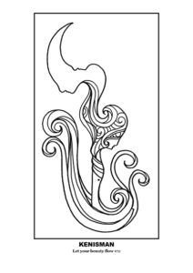 Enhance your colouring experience with this adult colouring page, featuring a one-of-a-kind hand-drawn artwork by artist Kenneth Kenisman. The black and white line art, titled 'Let your Beauty Flow', is part of the 'The Wonder' collection. The piece is framed and centered on the page, surrounded by ample white space. Kenisman's unique style is showcased through the sensual figure, complete with three faces, one of which appears to be lost in thought. The figure gives the impression of standing on a wave or in a boat and has intricate hair patterns and textures adding depth to the silhouette.