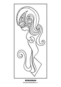 Adult coloring page featuring hand-drawn artwork by artist Kenneth Kenisman. 'Let your beauty flow' is a black and white line art piece framed in a square and centered on the page. Part of the collection 'The Wonder', this unique piece depicts a sensual woman figure with curly long waving hair, wearing an ancient Roman or Greek helmet or halo. The artwork features great patterns and textures, resembling a mermaid or water nymph. The body of the figure flows into an elegant curl, giving the impression of a princess or fairy goddess. Enchanted and ready to be colored in.