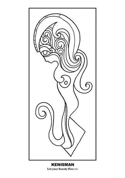 Adult coloring page featuring hand-drawn artwork by artist Kenneth Kenisman. 'Let your beauty flow' is a black and white line art piece framed in a square and centered on the page. Part of the collection 'The Wonder', this unique piece depicts a sensual woman figure with curly long waving hair, wearing an ancient Roman or Greek helmet or halo. The artwork features great patterns and textures, resembling a mermaid or water nymph. The body of the figure flows into an elegant curl, giving the impression of a princess or fairy goddess. Enchanted and ready to be colored in.