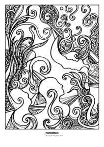 Discover the enchanting world of artist Kenneth Kenisman with this adult colouring page, featuring hand-drawn line art in black and white. The artwork, entitled 'Let your Beauty Flow', is prominently framed in a square and centered on the page, allowing ample white space for colouring. Part of Kenisman's collection 'The Wonder', this piece showcases his unique style with a scene of an ancient, mysterious valley filled with ruins, rocks, and lush jungle foliage. The intricate textures and patterns, as well as the four elegant face figures in silhouette, make this a beautiful and enjoyable colouring experience for adults.